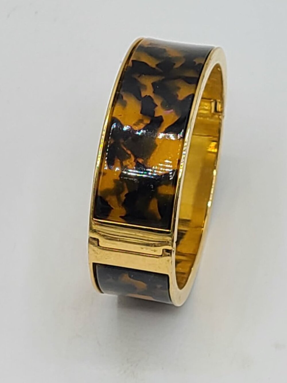 J Crew Gold Tone Faux Tortoise Hinged Bangle Bracelet
